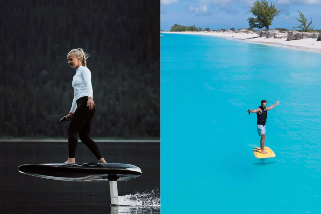 Soft Top eFoil and Carbon eFoil comparison showing riders on different Fliteboard constructions for stability, comfort, and performance.