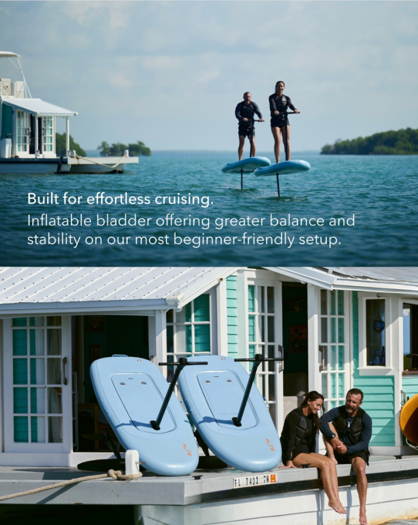 FliteScooter 2026 boards with removable handlebars at a private dock, highlighting beginner-friendly eFoil design for families and vacation homeowners.