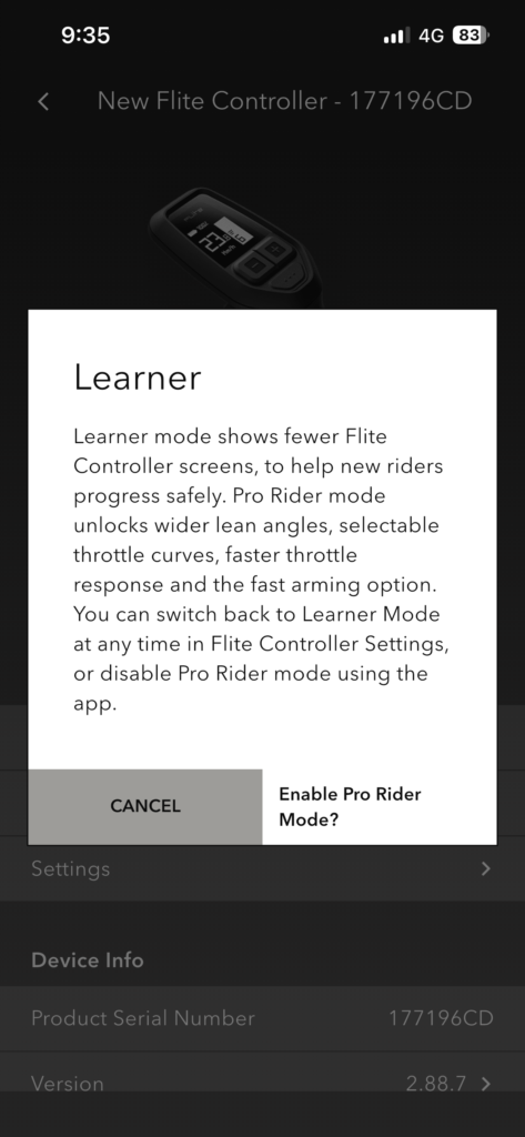 Flite App explaining Learner Mode with the option to enable Pro Rider Mode.