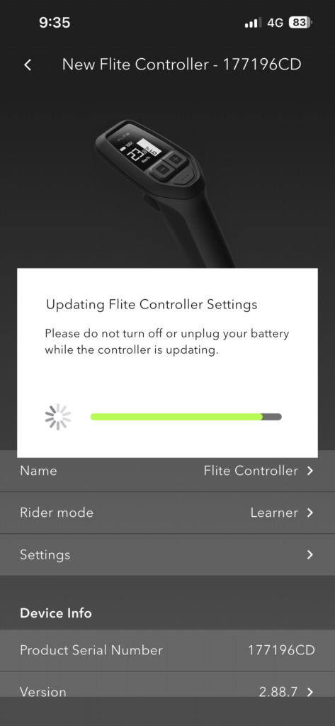 Flite App updating Flite Controller settings after Pro Rider Mode is enabled.